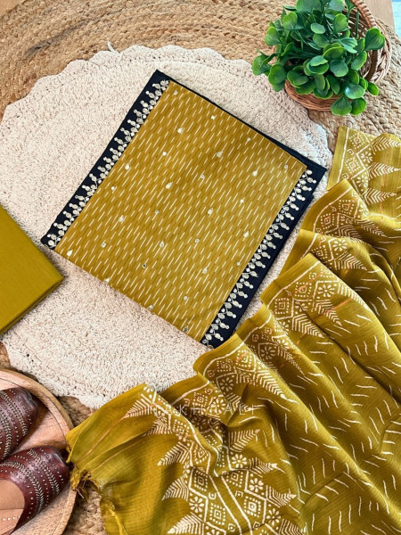 Mehira Mustard Cotton Dress Material with Sequin Detailing