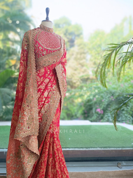 Kundan-Crested Red Banarasi Katan Silk Saree with Readymade Blouse