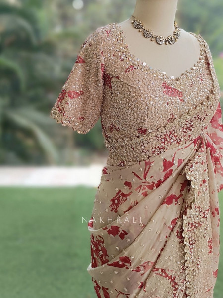 Scarlet Cream Saree with Floral Print & Heavy Embellished Readymade Blouse