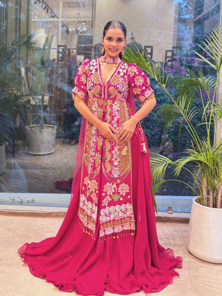 Amane Magenta Embroidered Kurta Palazzo Set with Choker Dupatta