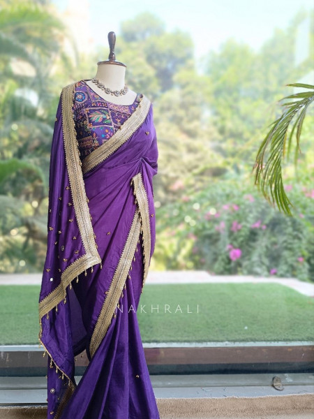Rati Purple Saree with Gota Patti Border & Multicolor Embroidered Readymade Blouse