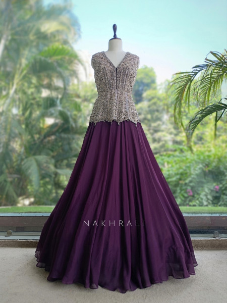 Seravelle Purple Net & Georgette Indo-Western Peplum Lehenga Set
