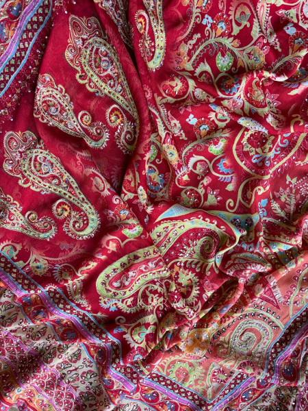 Paisley Printed Red Saree with Stone Embellished Readymade Blouse