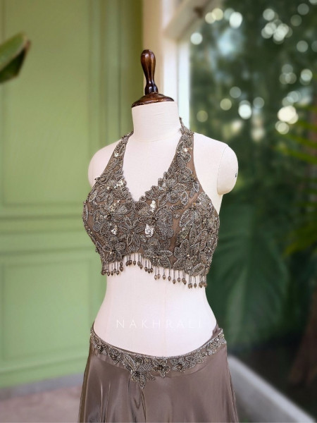 Avelyn Grey Crop Top Palazzo Set with Sequin & Cut Dana Work