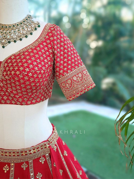 Zardozi Lattice Red Raw Silk & Soft Net Bridal Lehenga