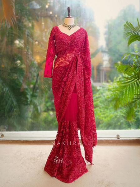 Scarlet Bloom Red Net Saree with Sequin and Stone Embroidery