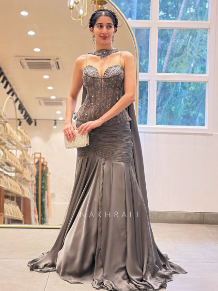 Grey Satin Indo Western Lehenga Set with Embroidered Corset Drape