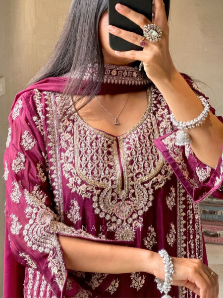 Avani Wine Georgette Gharara Suit Set with Cut Dana, Zari & Sequin Work