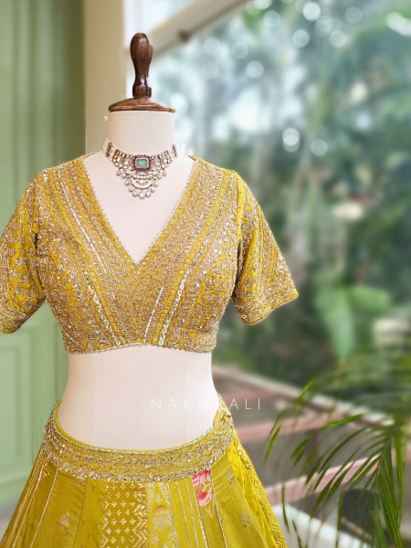 Gilded Fern Mehendi Green Banarasi Silk & Georgette Lehenga Choli