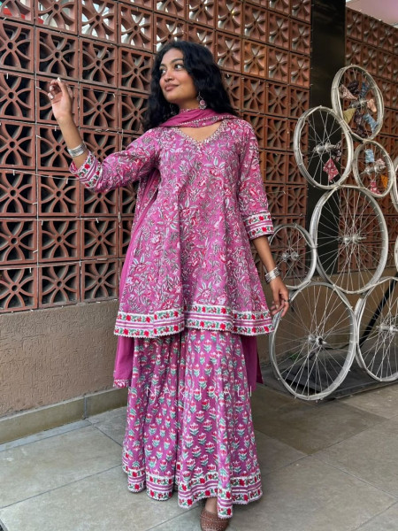 Rudra-Bagh Purple Premium Cotton Sharara Suit