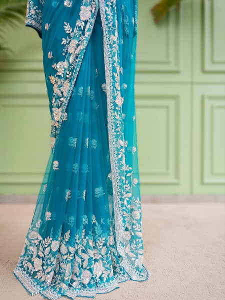 Leher-e-Ishq Blue Net Saree With Floral Hand Embroidery