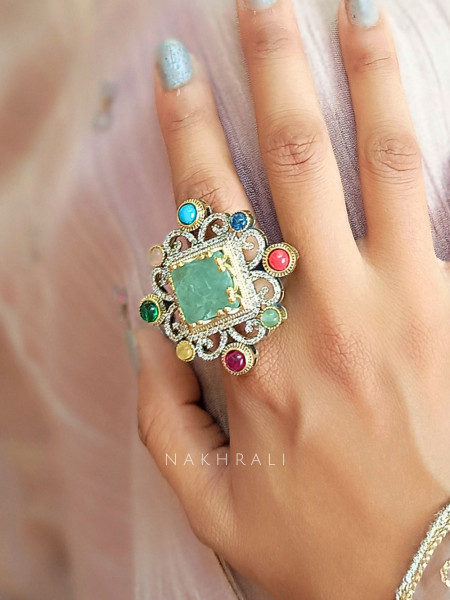 Regalia Green Kundan Ring with Multi-Colored Stones
