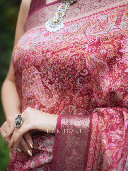 Rudra Red Silk Saree with Brocade Border and Stone Work