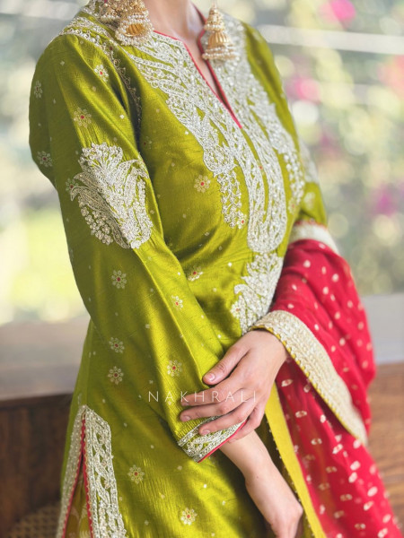 Anokhi Olive Green Zari Sequin Suit Set with Contrast Dupatta