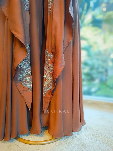 Mocha Veil Embroidered Crop Top Palazzo Set with Cape Jacket