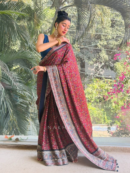 Maroon Floral Ajrak Modal Silk Saree