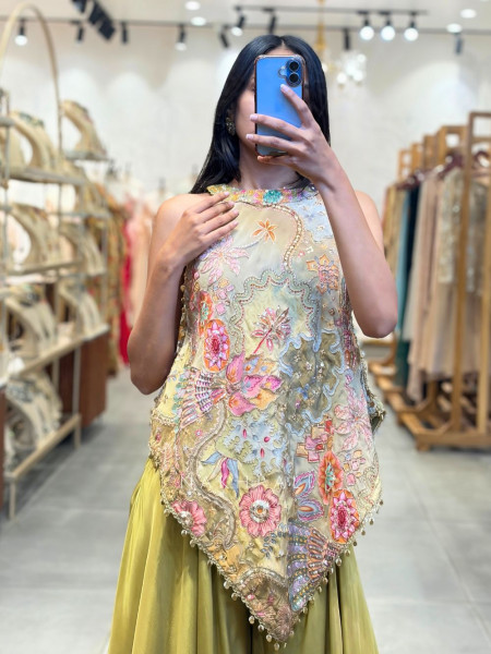 Floral Mehndi Green Indo-Western Palazzo Set with Sequin Work