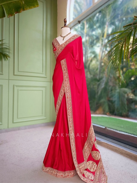 Gilded Borderways Red Chinnon Silk Saree with Running Blouse