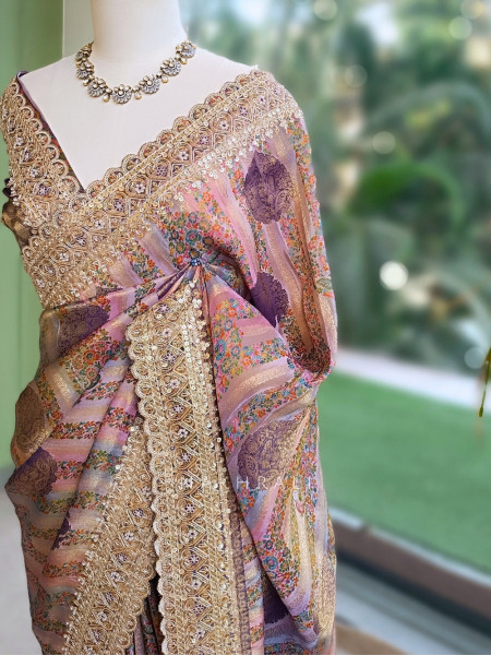 Resham Kyari Purple Crepe Silk Printed Saree