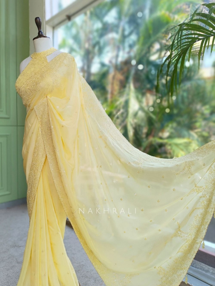 Image of Oshni Yellow Saree with Readymade Halter Blouse