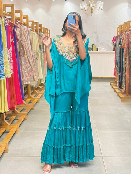 Shiyal Blue Indo Western Gharara Set with Thread Embroidery