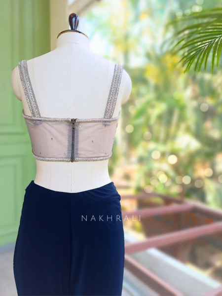 Blue Indo Western Skirt Set with Mirror and Bead Work