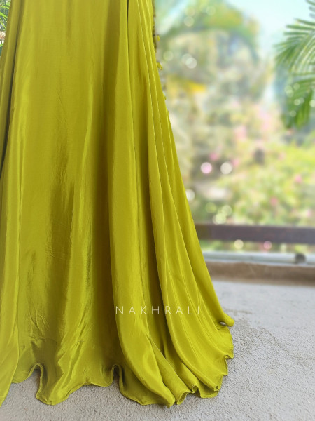 Parrot Green Indo Western Drape Skirt Set with Floral Sequin Embellished Blouse