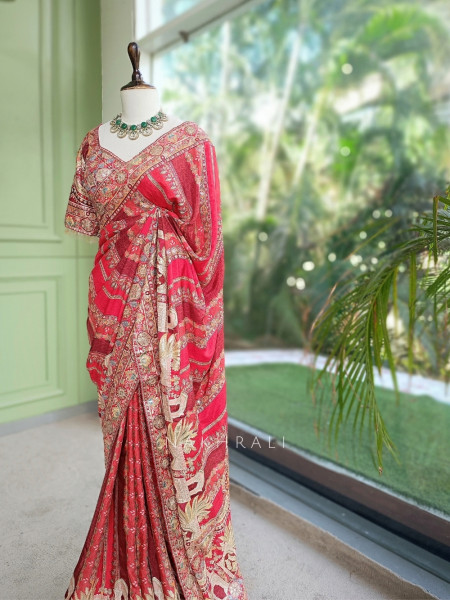 Dia Red Tussar-Crepe Blend Saree with Readymade Blouse