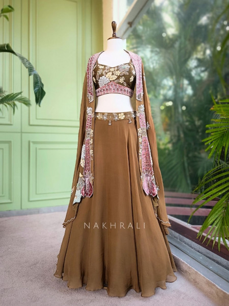 Gulvani Brown Indo-Western Lehenga Set with Zari, Sequin and Bead Work