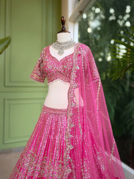 Aarvi Pink Raw Silk Lehenga with Beads, Sequins and Mirror Work