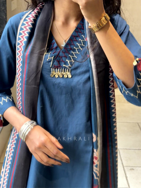 Nerisa Blue Suit Set with Printed Dupatta and Thread Work