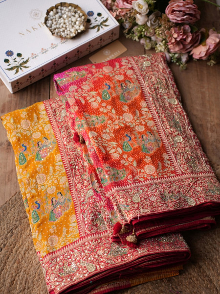 Rangraas Orange Pure Gajji Silk Saree with Running Blouse Piece