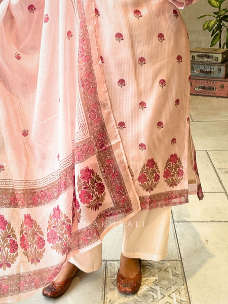 Meher Peach Kota Doria Suit Set with Floral Print