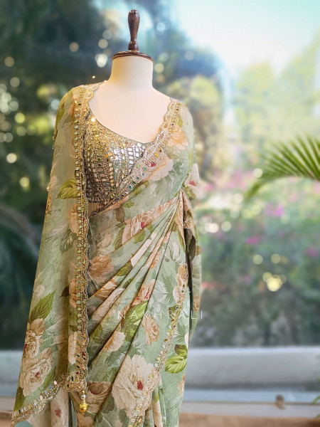 Flora Green Floral Saree with Mirror & Gota Work