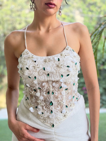 Sitara Veil WhiteMicro-Shimmer Georgette Crop Top Skirt Set