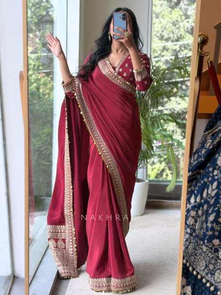 Thalassa Coin Maroon Chinon Georgette Saree