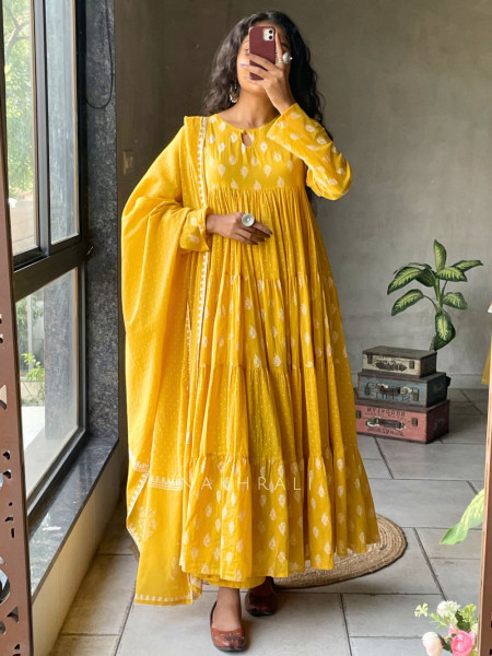 Mihira Yellow Cotton Anarkali Suit Set with Printed Dupatta