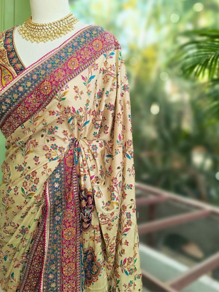 Fiora Cream Floral Woven Saree Set