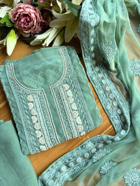 Avarna Sea green Pearl Beads Embroidered Dress Material