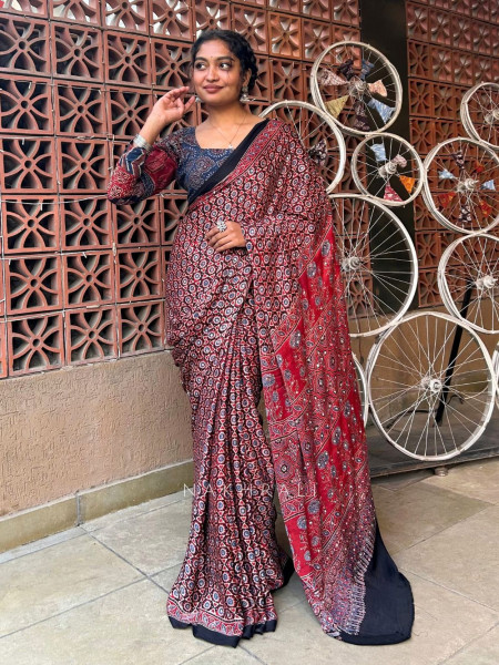 Chitra Maroon Modal Silk Saree With Ajrakh Print