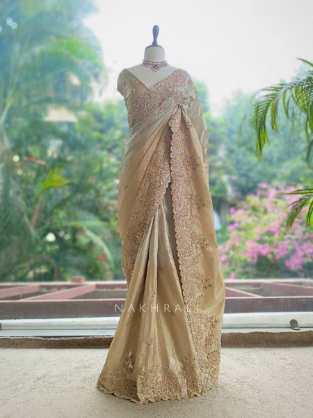 Jalsa Beige Saree With Detailed Embroidery And Running Blouse Piece