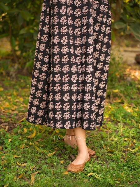 Rihana Black Cotton Block Printed Button-Down Dress