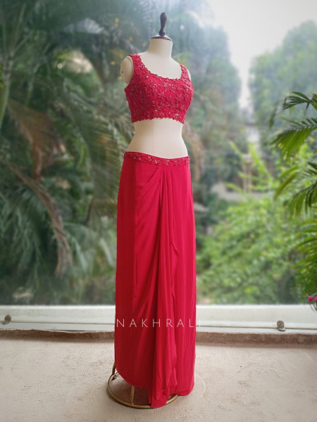 Myra Red Crop Top Skirt with Cape