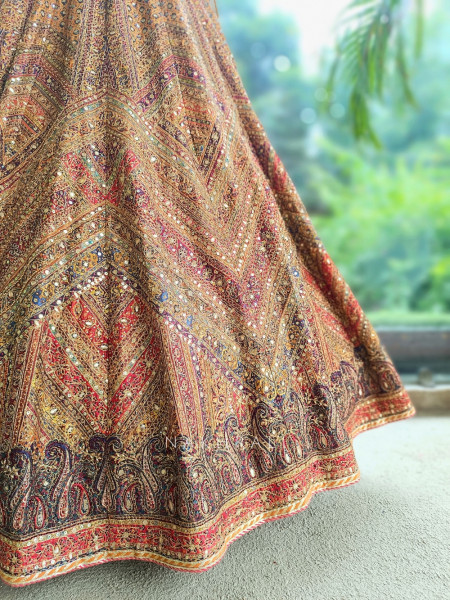 Burnt Orange Silk Lehenga Set With Marodi, Gota Patti & Mirror Work