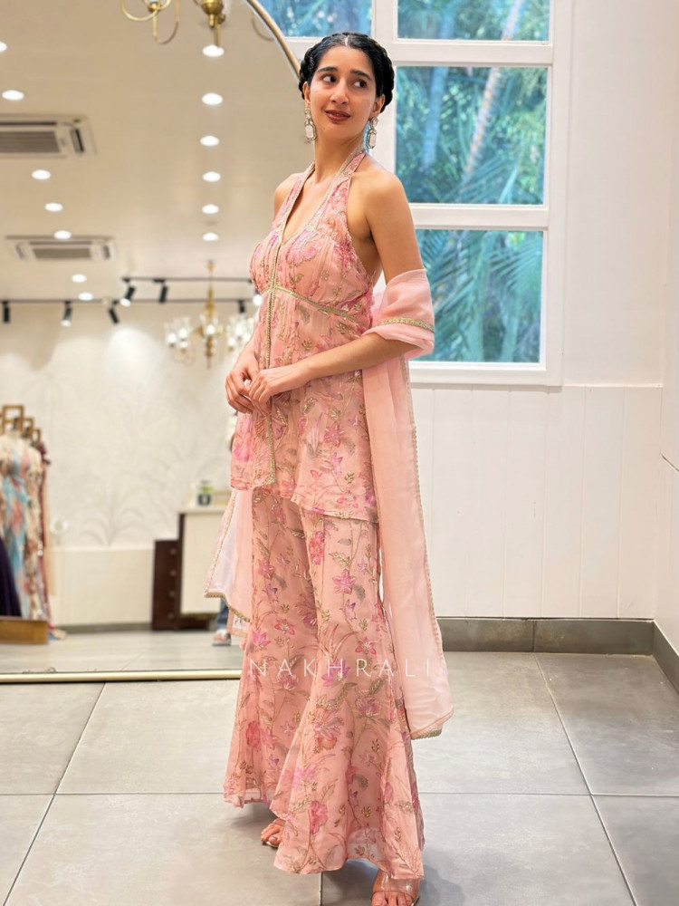Image of Mira Pink Gharara Suit Set with Floral Zari Work