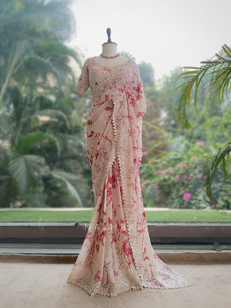Scarlet Cream Saree with Floral Print & Heavy Embellished Readymade Blouse