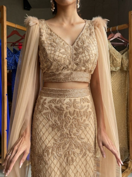 Nova Golden Crop Top & Skirt Set with Cut Dana Work