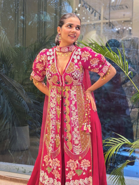 Amane Magenta Embroidered Kurta Palazzo Set with Choker Dupatta