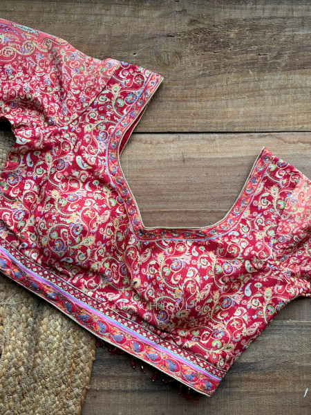 Paisley Printed Red Saree with Stone Embellished Readymade Blouse