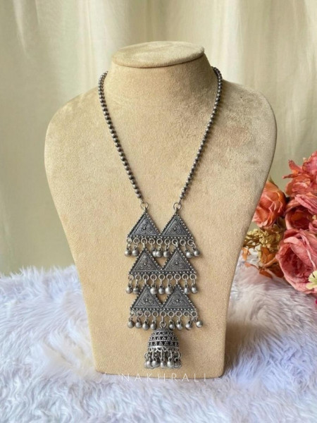 Trikonika Oxidised Silver Long Necklace Set